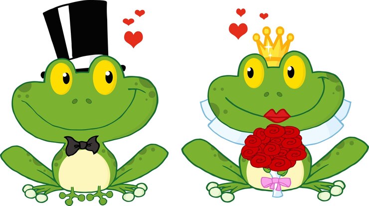 Vetor noiva e noivo sapos personagens de desenhos animados em folhas