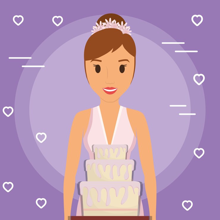 Vetor noiva linda com ícone dos desenhos animados de bolo de casamento