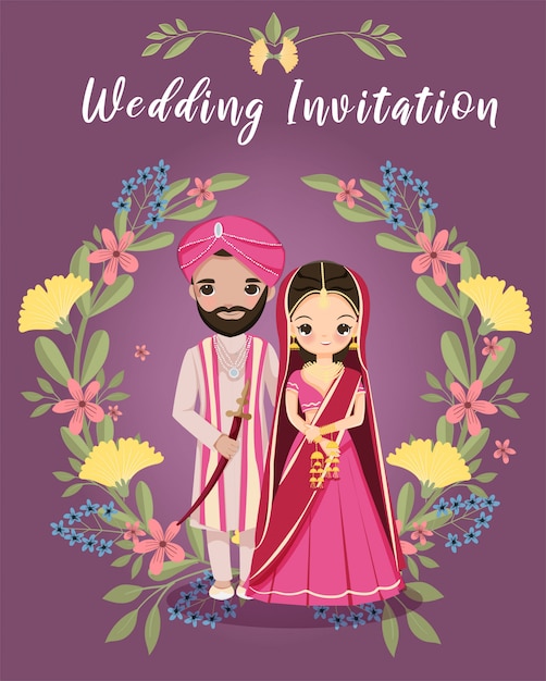 Noivos indianos bonitos com guirlanda floral para cartão de convites de casamento