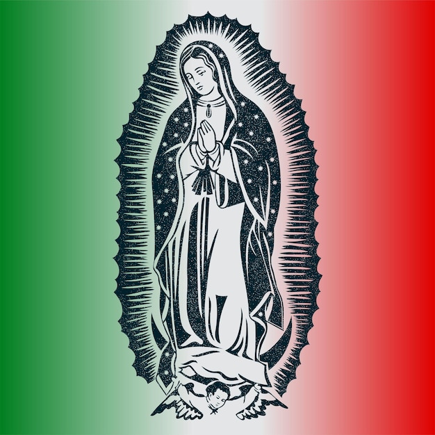 Nossa Senhora de Guadalupe com bandeira mexicana de fundo