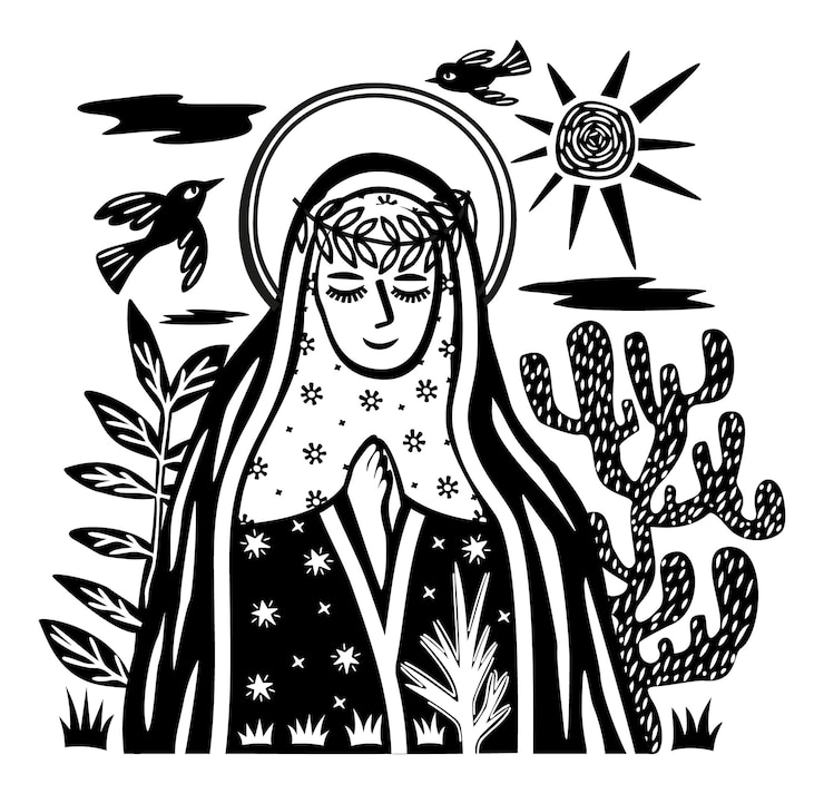Vetor nossa senhora estilo cordel brasileiro estilo madeira nordeste estilo virgem maria vetor