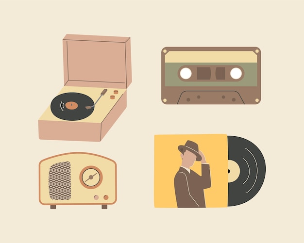Nostalgia equipamento musical fita cassete e disco de vinil rádio e toca-discos de vinil