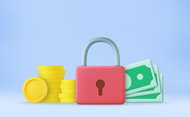 Nota de banco 3d e moedas com bloqueio de segurança financeira proteção de pagamento on-line transação on-line banco on-line ilustração vetorial