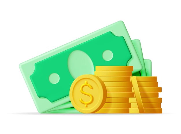 Nota de dólar 3D e ícone de moeda de ouro
