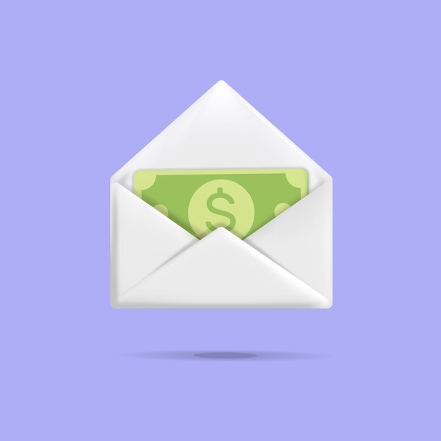 nota de dólar de vetor 3d dentro do design de ilustração de envelope aberto branco