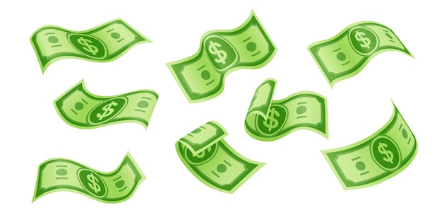Notas de dólar de desenho animado voadoras, dinheiro, notas em dinheiro