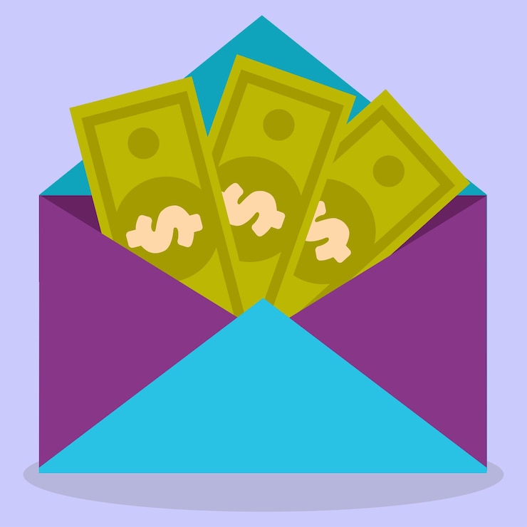 Vetor notas de dólar em um envelope. um envelope aberto com dinheiro.