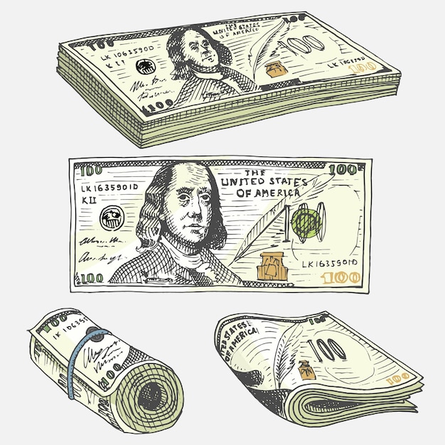 Notas de moeda detalhadas ou americano Franklin Green 100 dólares ou dinheiro e moeda gravados à mão desenhados em estilo de esboço antigo ícones de conta de dinheiro vintage sucesso financeiro dos EUA Bolsa ou bolsa de ouro