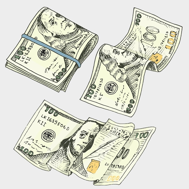 Notas de moeda detalhadas ou americano Franklin Green 100 dólares ou dinheiro e moeda gravados à mão desenhados em estilo de esboço antigo ícones de conta de dinheiro vintage sucesso financeiro dos EUA Bolsa ou bolsa de ouro