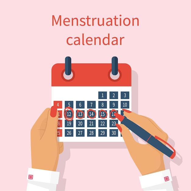 Notas de mulher no ciclo menstrual do calendário. Calendário de menstruação na mão feminina. Período mensal. Escreva calendário. Design plano de ilustração vetorial. Isolado no fundo. PMS.