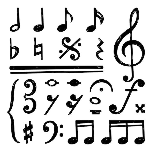 Vetor notas de música negra doodle nota chave musical ou clave elementos de melodia ou música esboçam sinfonia desenho de arte isolado para tocar em instrumentos conjunto de vetores chiques