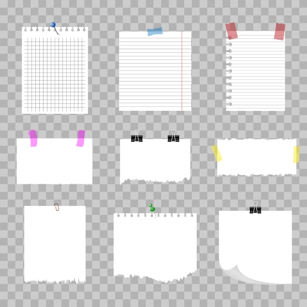 Notas e páginas rasgadas em papéis de nota vetorial de fundo transparente