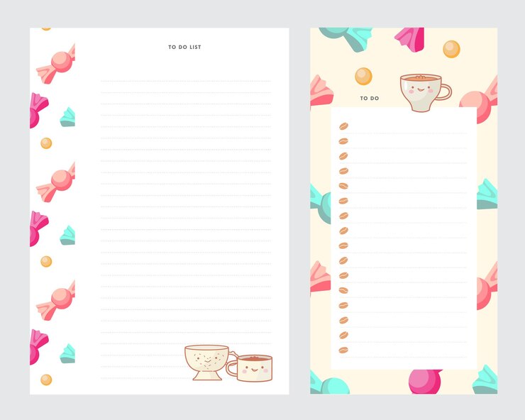 Vetor notas kawaii fofas lista de tarefas copo pequeno com padrão sem costura de doces bom planador para a escola conjunto de vetores planos