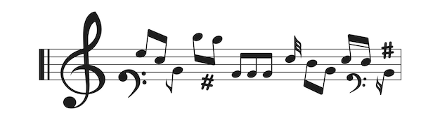 Vetor notas musicais com ondas sonoras musicais de desenho de linha.