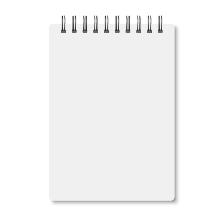 Vetor notebook a6 realista branco aberto com sombras