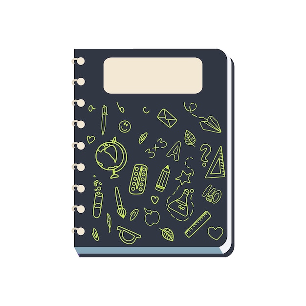 Notebook com anéis e desenhos doodle Notebook ilustração vetorial isolada no fundo branco