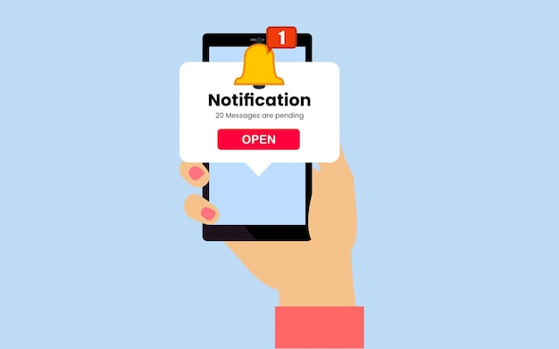 Notificação de nova mensagem. as notificações tocam a campainha como lembrete pop-up no smartphone. desenho vetorial.