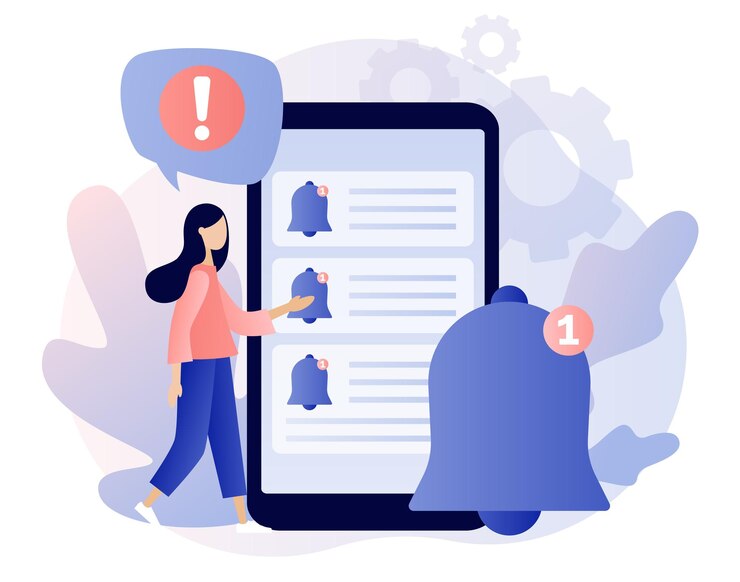 Notificações Toque a campainha como lembrete pop-up Mulher minúscula recebe notificação de mensagens de bate-papo no smartphone