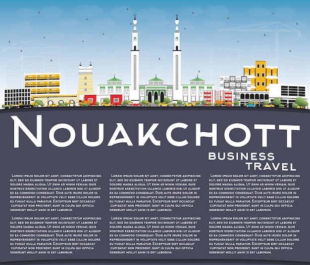 Nouakchott mauritânia city skyline com cor edifícios, céu azul e espaço de cópia. ilustração vetorial. viagem de negócios e conceito de turismo com arquitetura moderna. paisagem urbana de nouakchott com pontos de referência