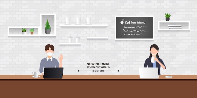 Vetor nova ilustração normal, as pessoas mantêm o distanciamento social no restaurante, café e espaço de trabalho