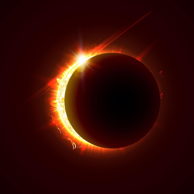 Vetor nova ilustração vetorial de eclipse solar 3d dia de verão ensolarado brilhante metade da imagem realista do sol