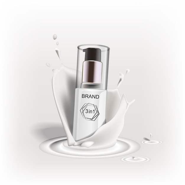 Nova marca de design de produtos de publicidade de cosméticos. um pouco de creme, leite, líquidos.