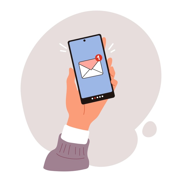 Nova notificação de e-mail no telefone móvel com smartphone na mão com nova mensagem não lida na tela
