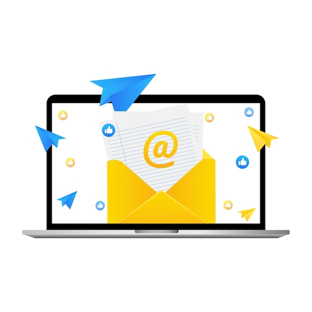 Nova notificação de mensagem no portátil com ilustração de envelope vetorial