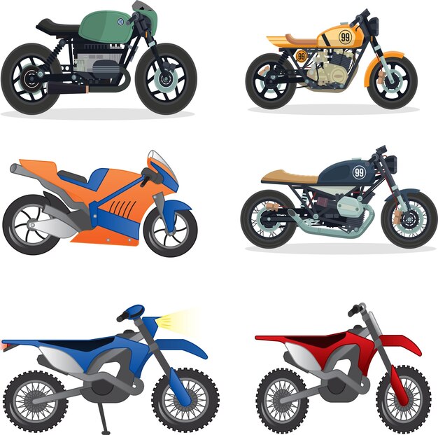 Novas motocicletas esportivas coleção de desenhos animados de ilustração vetorial de transporte Conjunto de moderadores de motocicleta de velocidade