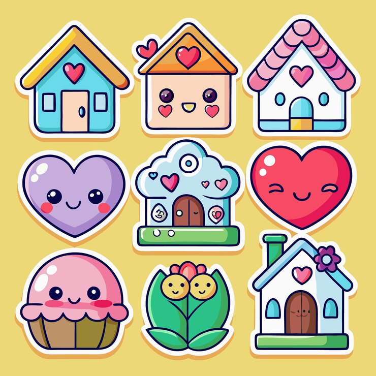 Vetor nove adesivos de desenho animado adoráveis com casas, corações, cupcakes e flores com rostos sorridente.