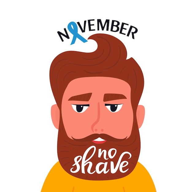 Novembro. mês de conscientização do câncer de próstata. homem barbudo com bigode e inscrição desenhada à mão na barba. sem barbear