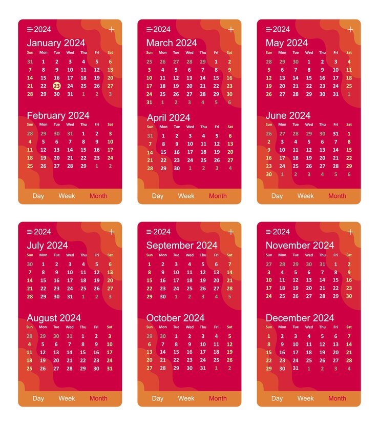 Vetor novo calendário 2024 para celular uiux red theme