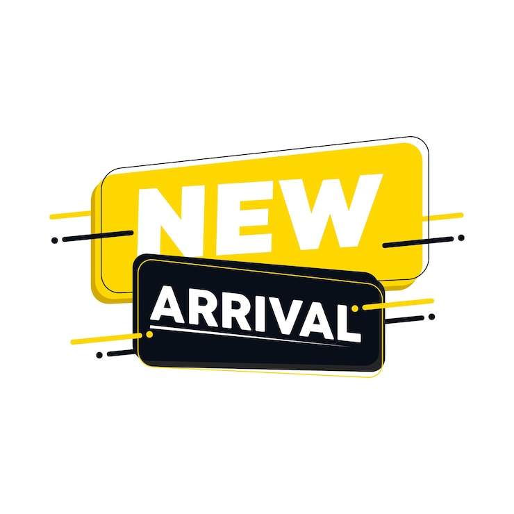 Vetor novo design de etiqueta de chegada em amarelo e preto, elegante e moderno, adequado para todos