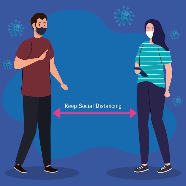 Novo normal de distanciamento social entre homem e mulher com design de máscara de vírus covid 19 e tema de prevenção