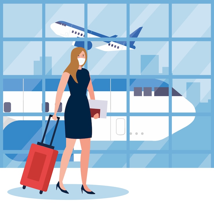 Vetor novo normal de mulher com máscara e bolsa no design do aeroporto do vírus covid 19 e tema de viagem