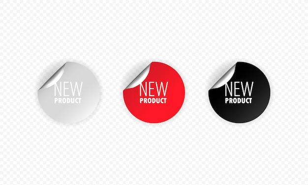 Novo produto adesivo, botão, rótulo, banner, vetor. novo conjunto de adesivos promocionais.