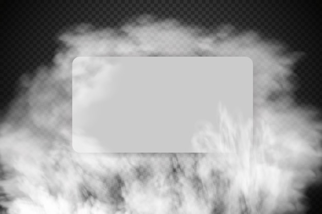 Vetor nublado, neblina ou fumaça branca sobre fundo escuro quadriculado