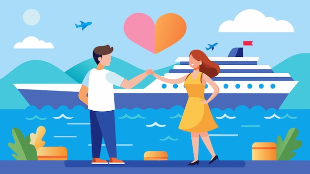 Vetor num cruzeiro, um casal dá as mãos mais uma vez para declarar o seu amor e celebrar a viagem.