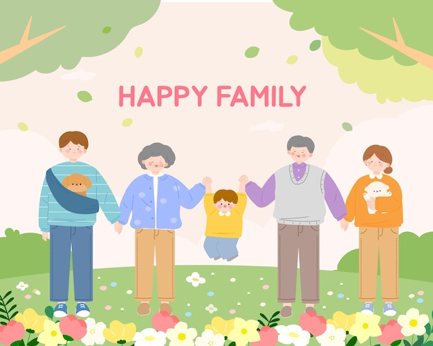 Num quente dia de primavera, toda a família está de mãos dadas e sorrindo.