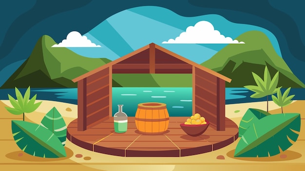 Vetor numa oásis de ilha isolada, uma experiência de sauna à medida espera-o numa sauna tradicional de madeira de teca.