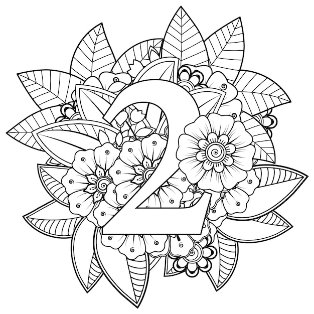 Número 2 com o ornamento decorativo de flor mehndi na página do livro para colorir de estilo oriental étnico