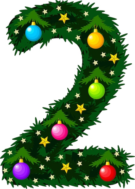 Número 2. desenho do alfabeto e números de natal. árvore de natal com brinquedos. ilustração vetorial em um fundo branco.