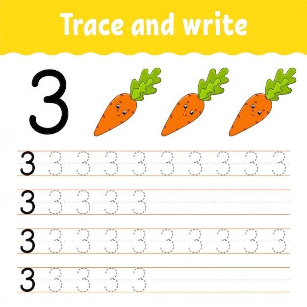 Número 3. rastreie e escreva. prática de caligrafia. aprendendo números para crianças. planilha de desenvolvimento de educação.