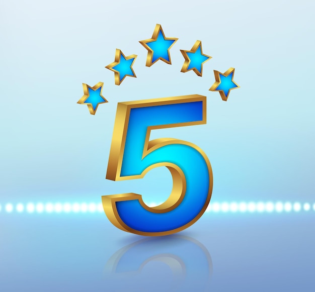 Vetor número 5 com cinco estrelas de cristal com bordas douradas isoladas em um fundo azul claro