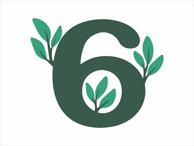 Vetor número 6 do alfabeto com ilustração de folha botânica