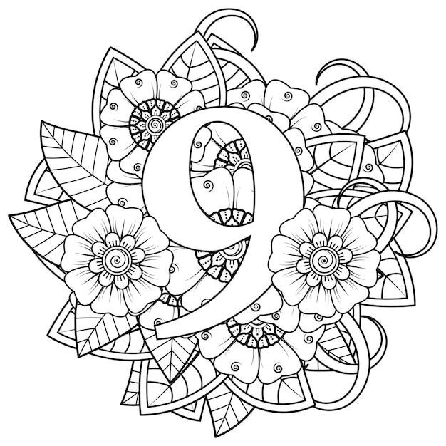 Número 9 com ornamento decorativo de flor mehndi na página do livro para colorir estilo oriental étnico