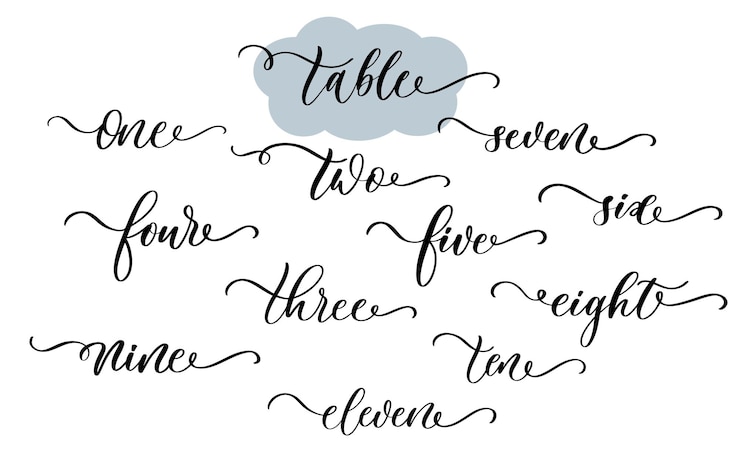 Vetor número da mesa no dia do casamento vector inscrição caligráfica com linhas suaves