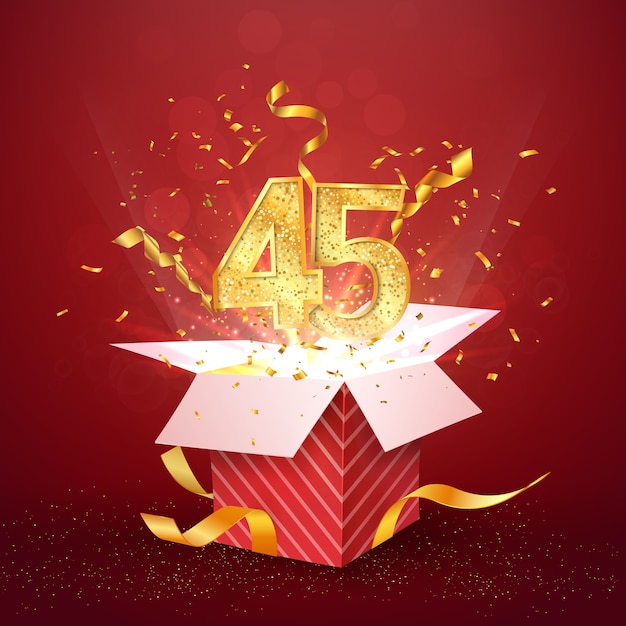 Número de aniversário de quarenta e cinco anos e caixa de presente aberta com elemento de design isolado de confetes de explosões
