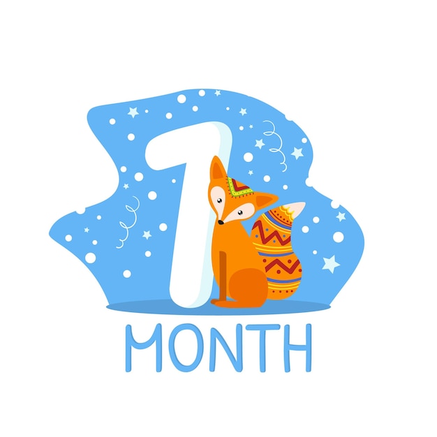 Vetor número de aniversário do primeiro mês e bonita ilustração vetorial de animais de raposa com padrões étnicos em fundo branco
