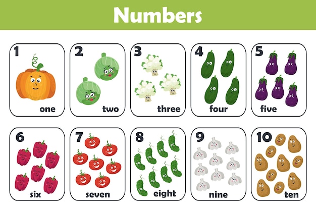 Número de cartões de matemática com legumes para crianças